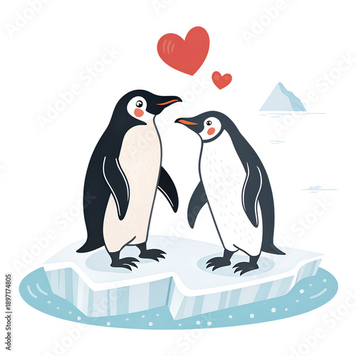 Penguin in Love on Ice: A charming illustration depicts two penguins standing intimately on an iceberg with heart symbols symbolizing love and affection.