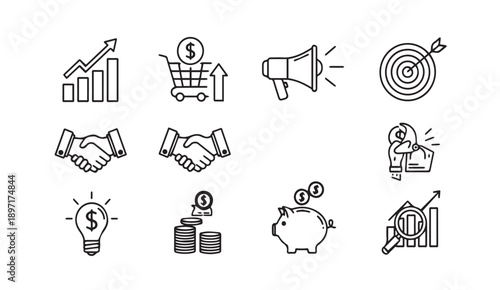 Business Icons Set: Finance, Marketing, Growth, Ideas, Investment, Target, Handshake