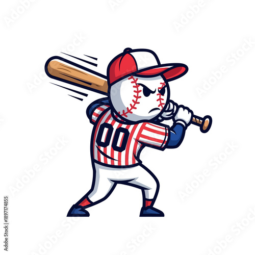 Angry Baseball Character Swinging Bat, Cartoon Sports Mascot, Vector Illustration