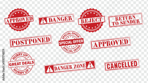 Collection of red grunge rubber stamps for business transactions: approved, danger, reject, return to sender, postponed, special offer, approved, hurry up, great deals, cancelled, danger zone.