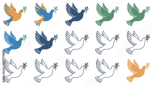 A set of 12 minimalist dove illustrations arranged in a 3x4 grid. Each dove is holding a small green olive branch in its beak (4)_traced