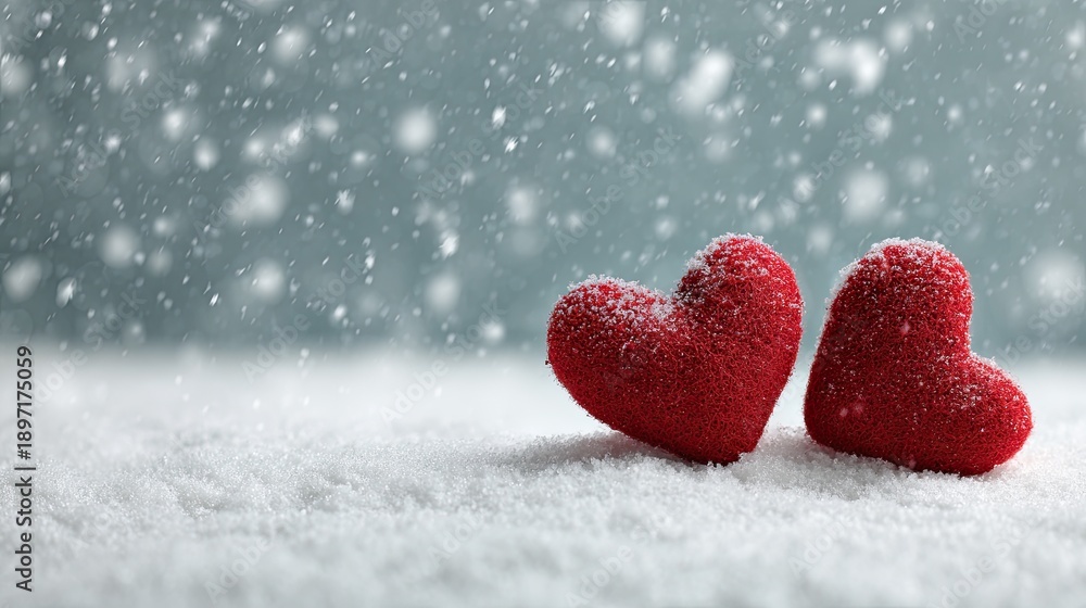 Fototapeta premium Happy day background with two red hearts on white snow