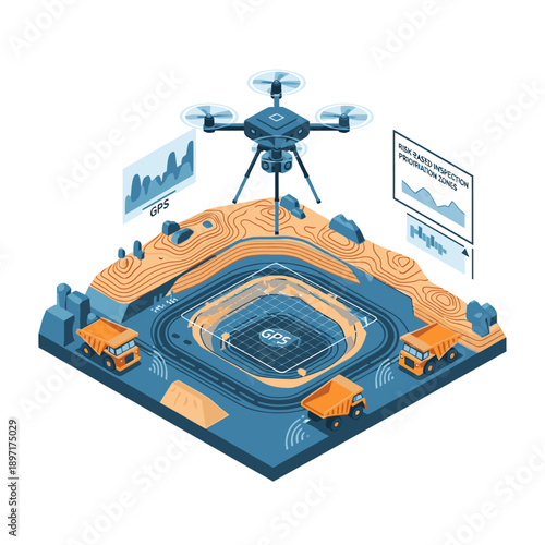 Drone surveying construction site with digital mapping technology.