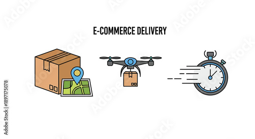 E Commerce Delivery Icons Showing Package Drone and Stopwatch.