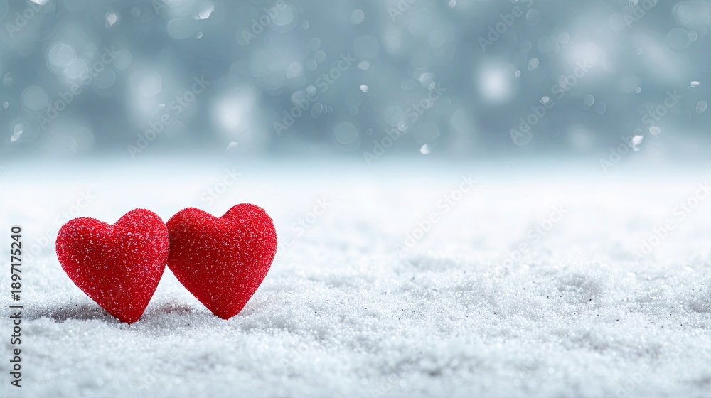 Fototapeta premium Happy day background with two red hearts on white snow
