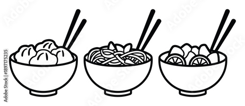 Three Bowls of Asian Food with Chopsticks: Dumplings, Noodles, and Citrus