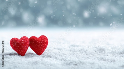 Happy day background with two red hearts on white snow