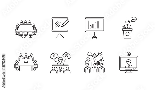 Business Meeting Icons: Collaboration, Presentation, and Video Conference in Vector Silhouette