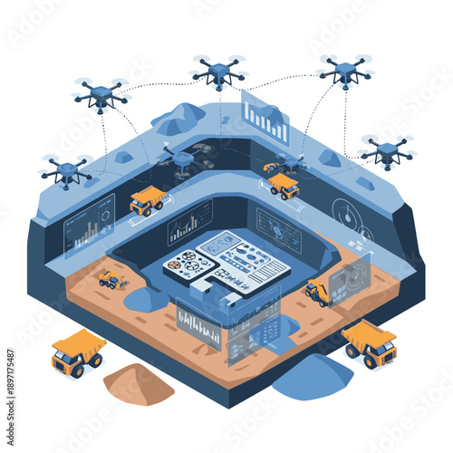 Isometric illustration of a construction site with drones and machinery.