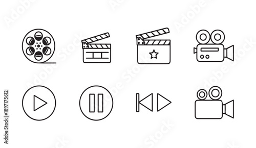 Cinema Icons: Film Reel, Clapperboard, Video Camera, Play, Pause, Rewind Symbols
