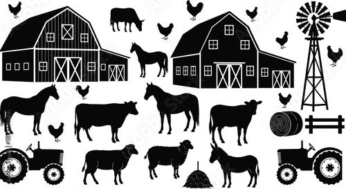 Comprehensive black silhouette farm animal and equipment collection featuring barns, tractors, horses, cows, sheep, chickens, and windmill for rural countryside agricultural design projects.