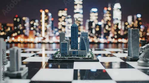 Wallpaper Mural A chessboard with miniature houses and buildings as pieces, symbolizing real estate investment and urban development, set against a blurred city skyline at night with a shallow depth of Torontodigital.ca
