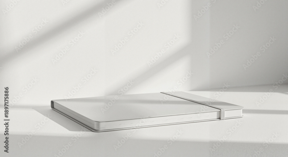 Naklejka premium Minimalist notebook placed on white tabletop with shadow patterns 