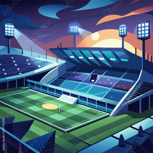 Soccer Stadium at Night with Floodlights and Glowing Atmosphere