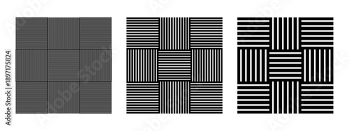 Set of black wicker basket textures. Collection of crossed straight line patterns. Striped backgrounds. Abstract geometric prints. Simple fabric structures. Vector graphic illustration.