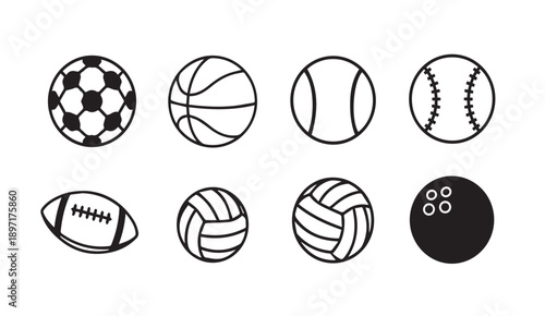 Collection of Sport Balls Vector Silhouettes - Soccer, Basketball, Tennis, Baseball, Football, Volleyball, Bowling