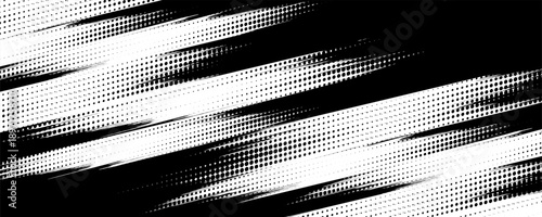 Rough dynamic halftone background. Black and white dotted vertical pattern effect. Abstract jagged scratch stripes wallpaper. Sport banner design template. Grunge comic speed lines backdrop. Vector