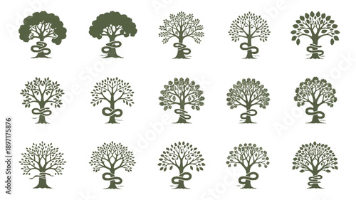 A set of 12 minimalist tree logos arranged in a 3x4 grid, all in a deep forest green color against a white background (3)_traced