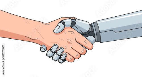 Human and robot hands shaking in agreement and partnership.