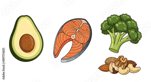 Healthy Foods Avocado Salmon Broccoli Nuts.