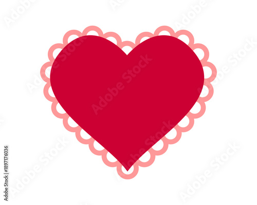 Paper or fabric red heart with laced borders. Template of Valentine Day card with ruffles isolated on white background. Romantic design element. Vector flat illustration.