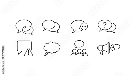 Communication Icons: Speech Bubbles, Megaphone, Warning Symbol, Group Chat, Thought Bubble