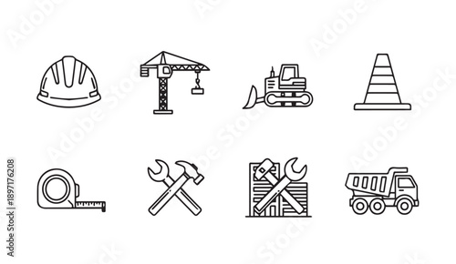 Construction Icons: Safety Helmet, Crane, Bulldozer, Cone, Tape Measure, Tools, Building, Truck