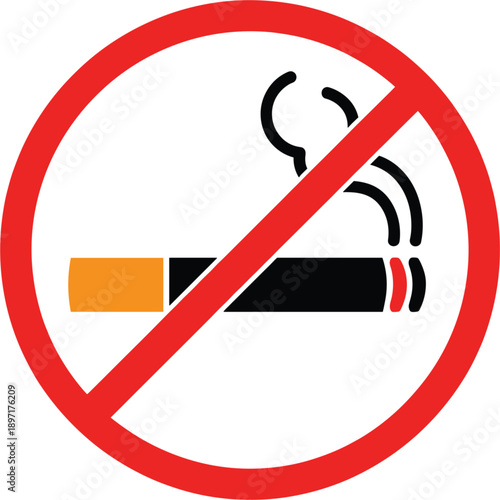 No smoking sign with lit cigarette and red prohibition circle for public health safety smoke-free zones and fire prevention compliance.