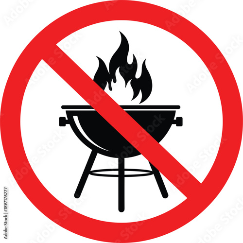 Prohibited barbecue sign with grill icon and red cancel circle for fire safety prevention outdoor camping restrictions park rules and forest protection flat vector illustration.