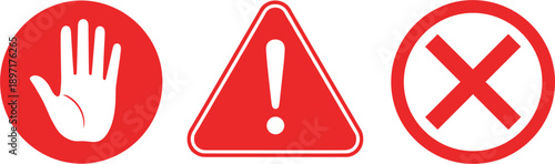 Red warning alert icon set with stop hand gesture exclamation point in triangle and cross mark symbol for safety security caution web design elements isolated on white background.