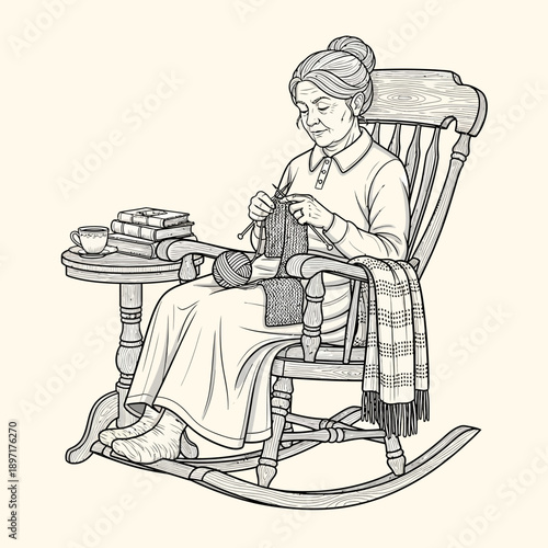 Elderly woman knitting in a rocking chair.
