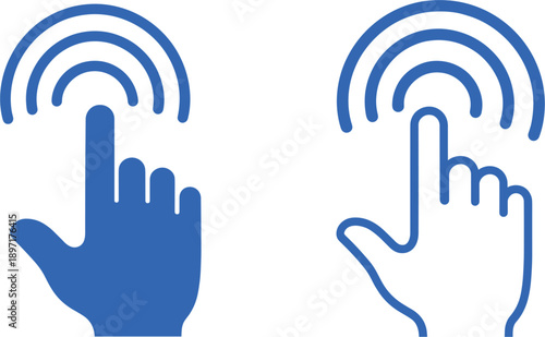 Blue hand cursor icons showing touch screen click gesture with circular wave signal for mobile app user interface and interactive website navigation design.
