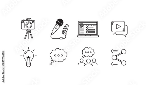 Creative Media Icons: Camera, Microphone, Laptop, Lightbulb, Chat, Share