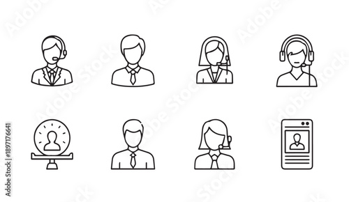 Customer Service Icons: Call Center Agents and User Profiles in Silhouette Vector Style