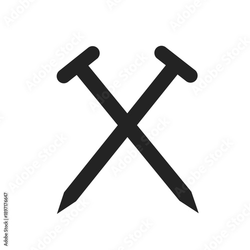 Black crossed nails icon symbolizing construction, carpentry, and building work, isolated on white background with a simple and minimal flat design