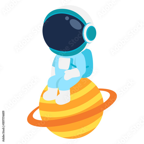 Astronaut Character Sitting on Saturn Illustration