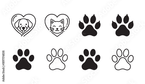 Dog Cat Paw Prints Heart Icons Vector Silhouette Set Pet Care