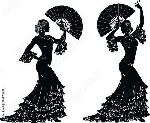 Elegant Flamenco Dancer Silhouettes in Traditional Spanish Dress Holding Fans Decorative Black and White 