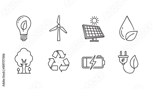 Eco Energy Icons: Lightbulb, Wind Turbine, Solar Panel, Water Drop, Tree, Recycle, Battery, Plug