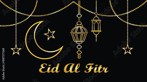 A radiant illustration capturing the joyful spirit of Eid al-Fitr, featuring glowing golden lanterns, a crescent moon, and sparkling stars, perfect for Islamic holiday greetings