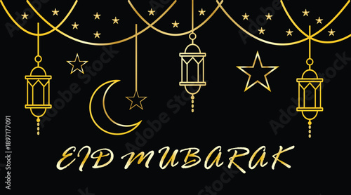 Elegant golden line art illustration for Islamic holy day celebrations, featuring traditional lanterns, crescent moon, and stars against a dark background