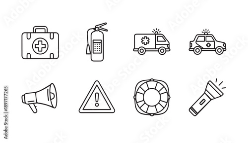 Emergency Services Icons: First Aid, Fire Extinguisher, Ambulance, Police Car, Megaphone