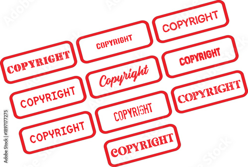 Multiple red copyright stamps on transparent background for legal protection