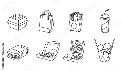 Fast Food Icons Vector Silhouette Set - Burger, Pizza, Fries, Drink, Sandwich, Takeout Box