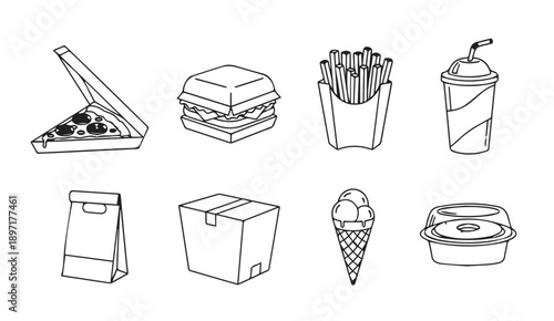 Fast Food Icons Vector Silhouette Set: Pizza, Burger, Fries, Drink, Ice Cream, Delivery
