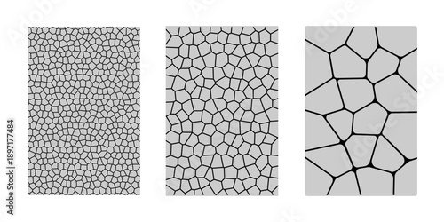 Set of cobblestone patterns. Street pavement or park road textures. Stones or pebbles backgrounds. Floor or wall mosaic tile structures. Ancient building surfaces. Vector flat illustration.