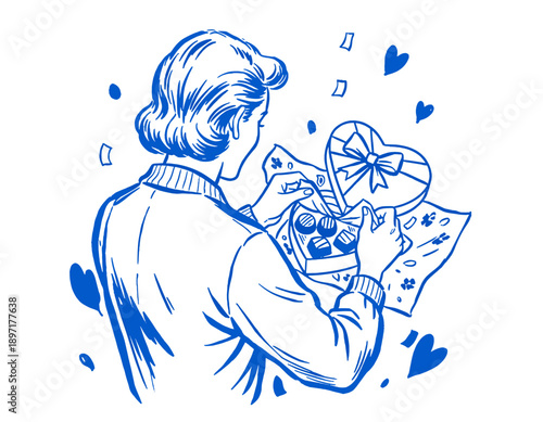 Valentine's Day gift, woman opening chocolates, retro illustration, heart box, love, romance, vintage engraving style, sweets, candy, celebration, sketch art