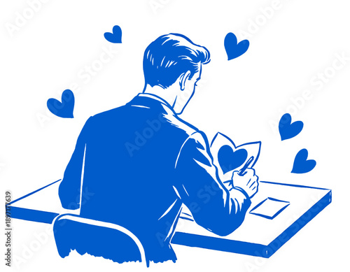 Retro man writing love letter, vintage comic illustration, pop art style, blue, hearts, romance, Valentine's Day, dating, old fashioned communication, devotion, affection, crush