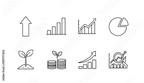 Financial Growth Icons: Upward Trend, Investment, and Analysis Symbols