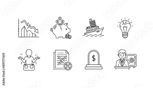 Financial Crisis Icons Set: Loss, Savings, Bankruptcy, Idea, Failure, Debt, Grief, Safe - Vector Graphics